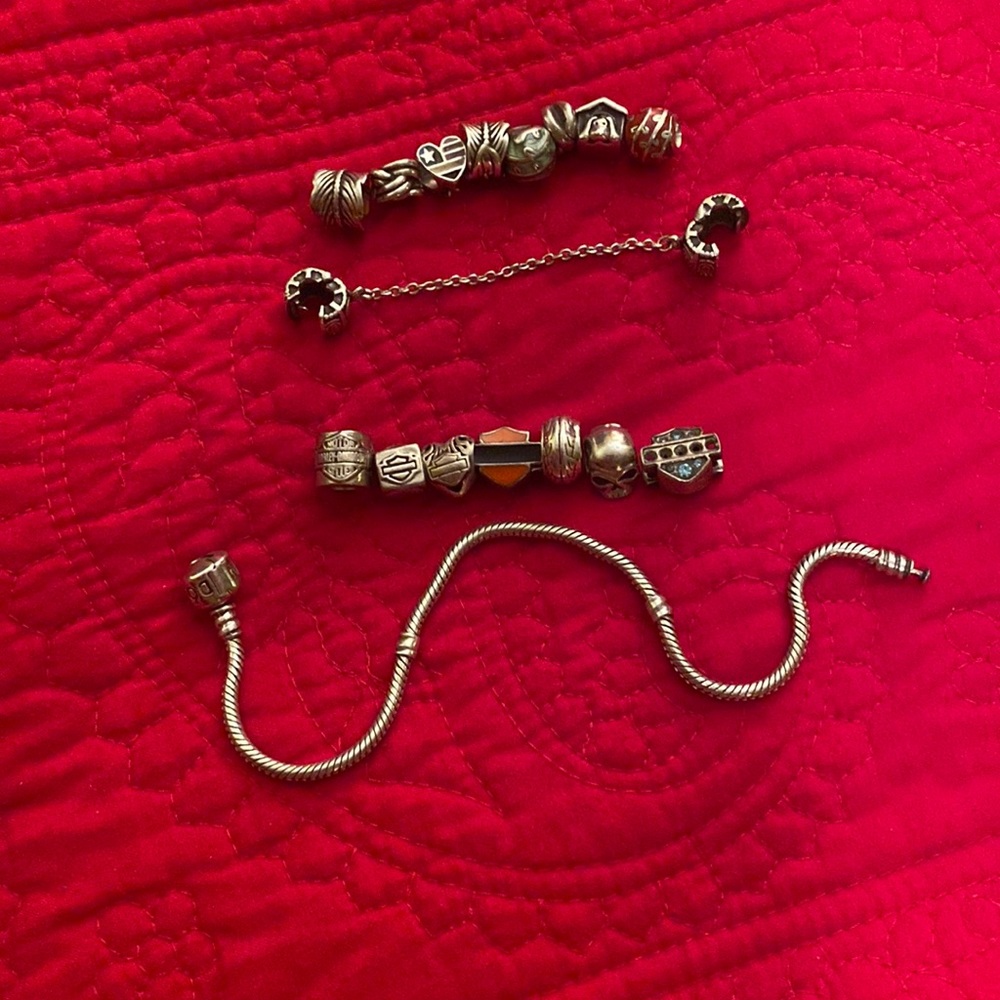 Sterling silver pandora charm bracelet with safety chain and charms